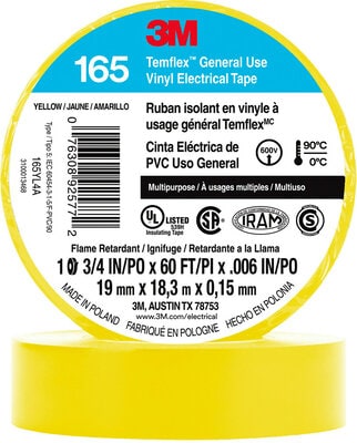 3M™ Temflex™ Vinyl Electrical Tape 165, Yellow, 3/4 in x 60 ft (19 mm x 18 m), 100 Rolls/Case 