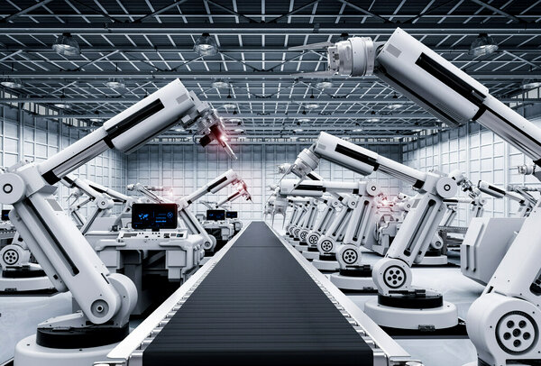 A futuristic factory setting with robotic arms positioned along a conveyor belt, each equipped with various tools and screens, suggesting an automated manufacturing process.