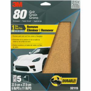 3M™ Sandpaper, 32115, 80 Grit, 9 in x 11 in, 5 per pack, 20 packs per caseimage