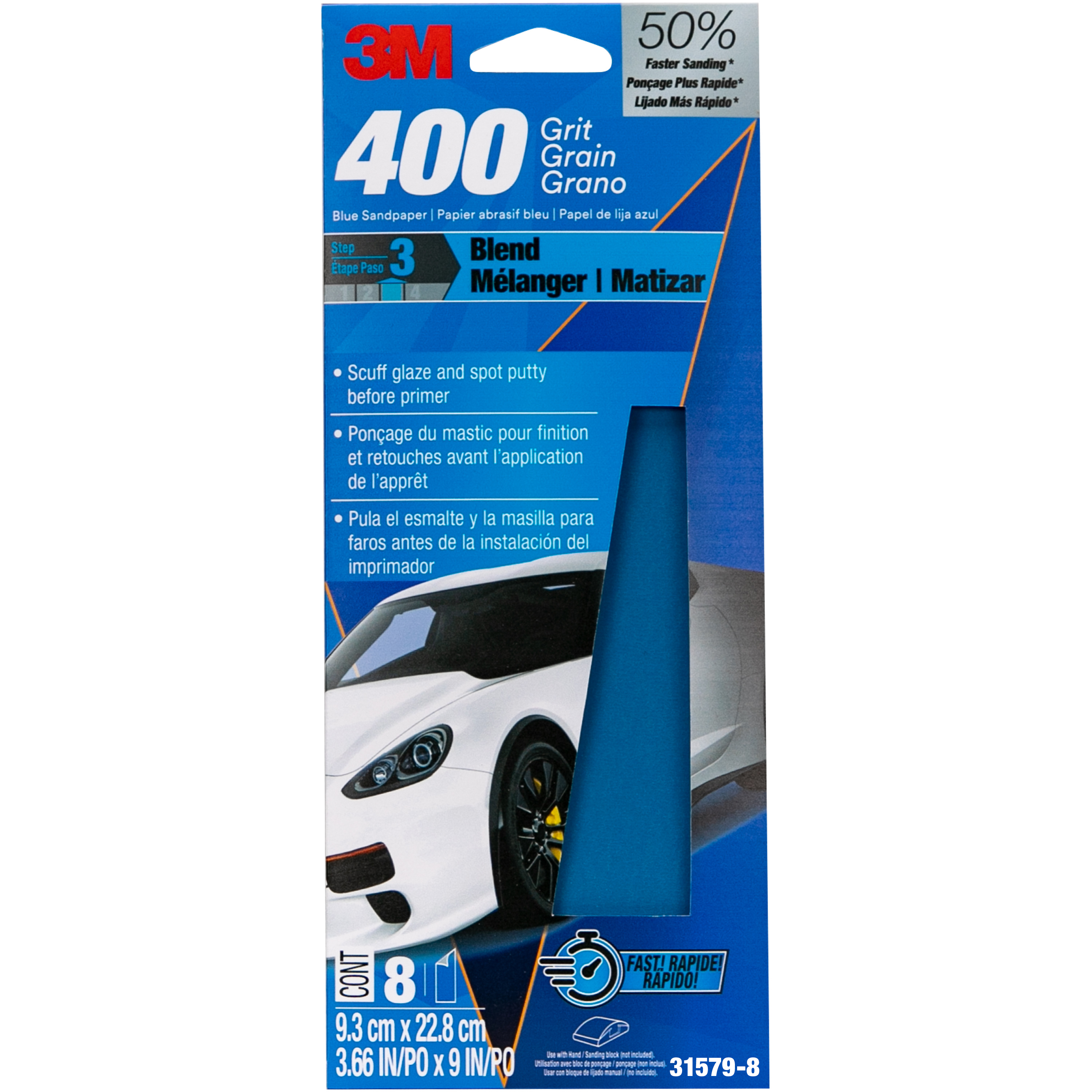 3M™ Blue Sandpaper 31577-8, 3 2/3 in X 9 in, 180 G, 8 Sheet/Pack, 20 Pack/Case