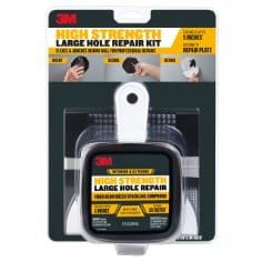 Large Hole Repair Kit for repairing interior and exterior holes up to five inches. Fiber reinforced spackling compound. Holds strong for lasting repair. Repairs five times faster. Package includes a putty knife, fiber square and 12 fluid ounces of compound. Photograph of packaging, black and yellow in color.
