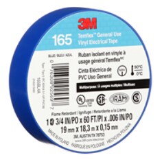 3M Temflex Vinyl Electrical Tape 165, Blue, 3/4 in x 60 ft (19 mm x 18m), 6 mil, 100 Rolls/Case