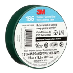 3M Temflex Vinyl Electrical Tape 165, Green, 3/4 in x 60 ft (19 mm x18 m), 6 mil, 100 Rolls/Case