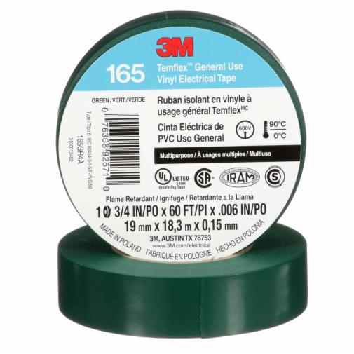 3M Temflex Vinyl Electrical Tape 165, Green, 3/4 in x 60 ft (19 mm x18 m), 6 mil, 100 Rolls/Case