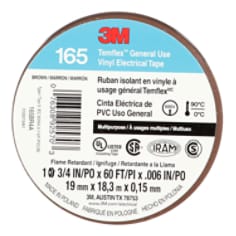 3M Temflex Vinyl Electrical Tape 165, Brown, 3/4 in x 60 ft (19 mm x18 m), 6 mil, 100 Rolls/Case