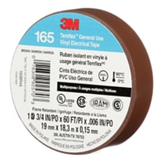 3M Temflex Vinyl Electrical Tape 165, Brown, 3/4 in x 60 ft (19 mm x18 m), 6 mil, 100 Rolls/Case