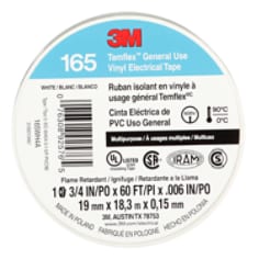 3M Temflex Vinyl Electrical Tape 165, White, 3/4 in x 60 ft (19 mm x18 m), 6 mil, 100 Rolls/Case