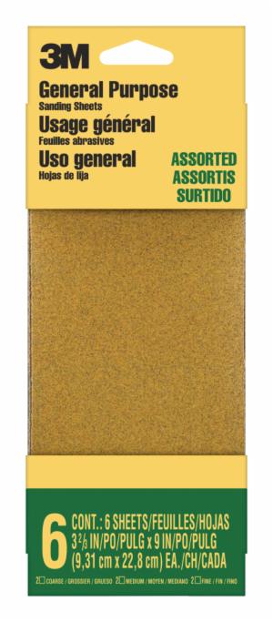 3M™ General Purpose Sanding Sheets 9019NA-CC, 3 2/3 in x 9 in, Assorted grit, 6/pk, 20 pks/csimage