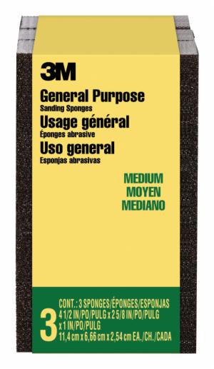 3M™ General Purpose Sanding Sponge CP002-3PK-LG, Block, 2 5/8 in x 4 1/2 in x 1 in, Medium, 3/pk, 6 pks/csimage