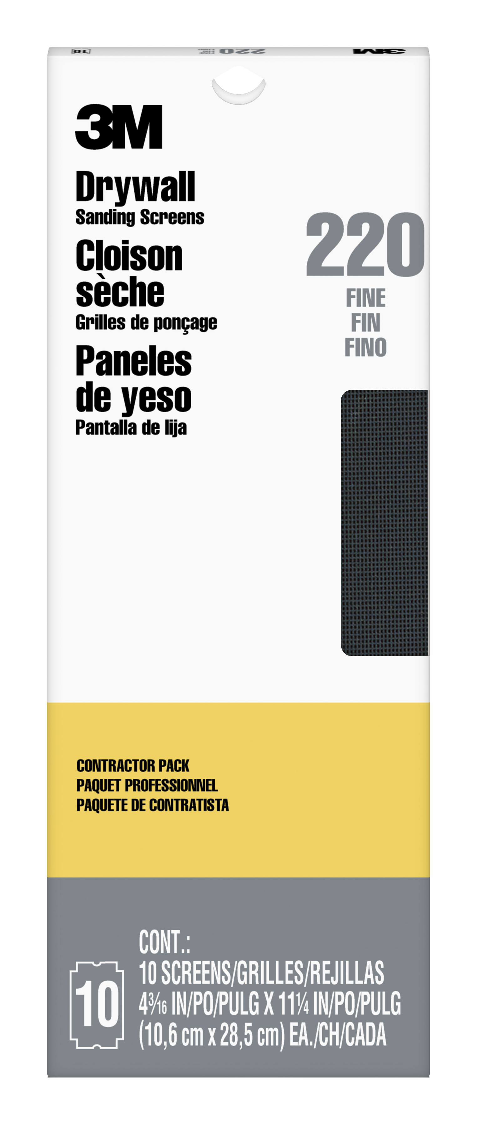 3M™ Drywall Sanding Screens 99436, 4 3/16 in x 11 1/4 in, 220 grit, 10 screens/pack, 10 pks/cv