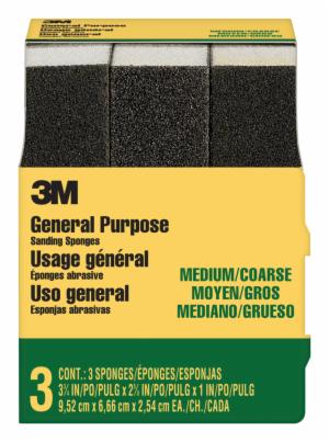 3M™ General Purpose Sanding Sponge 909NA-3P-CC, 3 3/4 in x 2 5/8 in x 1 in, Dual Grit, Medium/Coarse, 3 sponges/pack, 6 pks/csimage