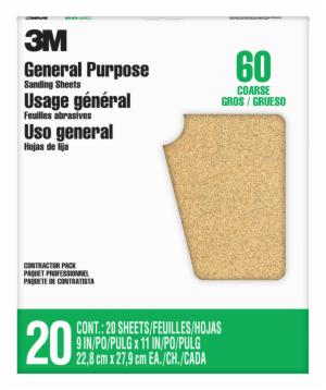 3M™ General Purpose Sanding Sheets, 87591NA-20, 9 in x 11 in, 60 grit, Coarse grit, 20 sheets/pk, 5 pks/csimage