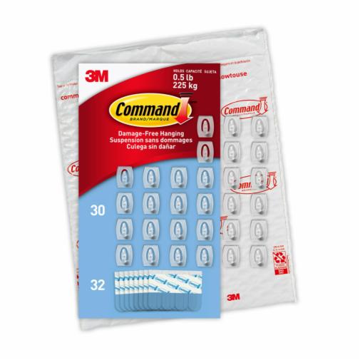 Mini Hooks, Small, Plastic, Clear, 0.5 lb Capacity, 30 Hooks and 32 Strips/Pack