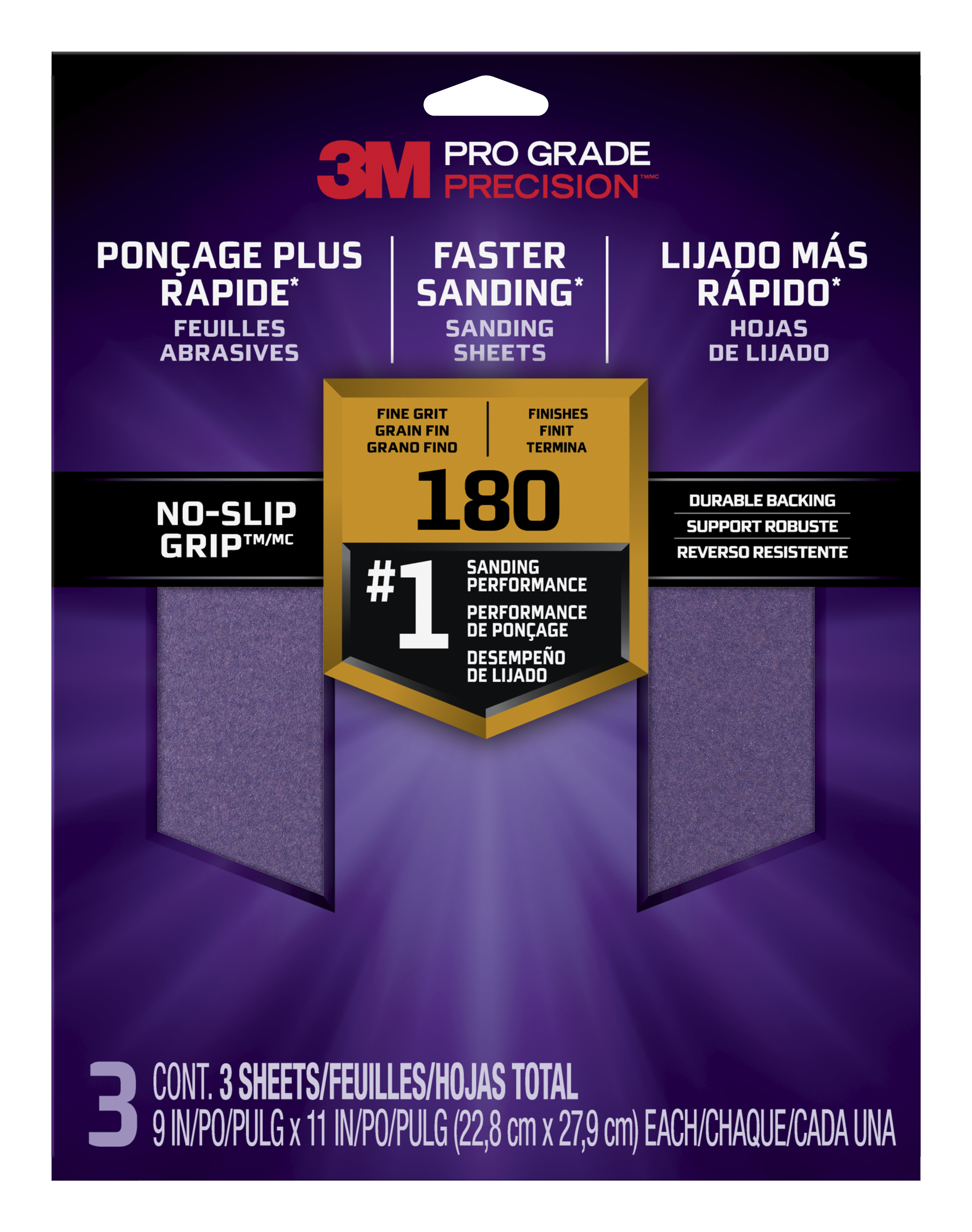 3M™ Pro Grade Precision™ Faster Sanding Sheets w/ NO-SLIP GRIP™ Backing SHCP220-PGP20T, 9 in x 11 in, 220 Gr, 20 Shts/pk