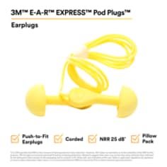3M™ E-A-R™ EXPRESS™ Pod Plugs™ Earplugs 311-1115, Corded, Assorted Color Grips, Pillow Pack