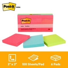 Post-it(R) Notes 630-6AN, Cape Town Collection, lined, 3 in x 3 in (7.6 cm x 7.6 cm), 100 sheets per pad