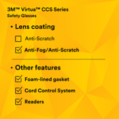 3M™ Virtua™ CCS Protective Eyewear with Foam Gasket VC225AF, Clear +2.5D Anti-Fog Lens