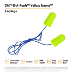 3M™ E-A-Rsoft™ Yellow Neons™ Earplugs 311-1251, Corded Poly Bag, Large Size