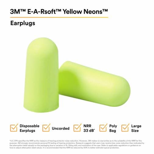 3M E-A-Rsoft FX Earplugs - Recommended for: Automotive, Manufacturing, Military, Maintenance, Repair, Mining, Oil & Gas, Pharmaceutical, Transportation, Industrial - 33 - Noise Reduction Rating Protection - Polyurethane - Yellow - Uncorded, Insulated