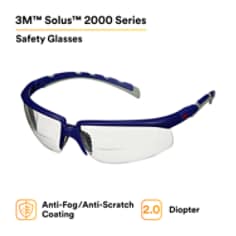 3M™ Solus™ 2000 Series, S2020AF-BLU, Blue/Gray Temples, Clear Reader +2.0 AF/AS lens