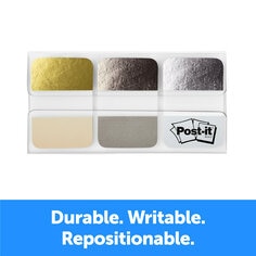 Post-it® Foil Tabs product image is shown. Tabs are 1 in. x 1.5 in. size. Assorted muted metallic gold, silver and black colors make organization stylish and fun. Quickly organize binders, notebooks, planners and more.