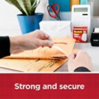 Scotch® Transparent Tape application image at an office desk. Hand is applying a piece of tape to an interoffice envelope to secure.