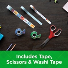 Scotch BTS Pack contents in a top down image showing 3 different Washi Tapes, 1 roll of Scotch Magic Tape, 1 roll of Scotch Wall-Safe Tape and 1 pair of Multipurpose Scissors.