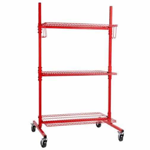 A red durable and lightweight three shelf mobile parts rack