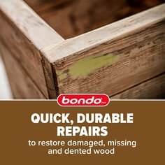 Bondo logo. Quick, durable repairs to restore damaged, missing and dented wood. Close up of wood.