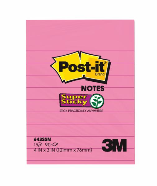 Post-it® Super Sticky Lined Notes 643SSN, Neon Pink, 4 in x 3 in, 90 Sheets/Pack