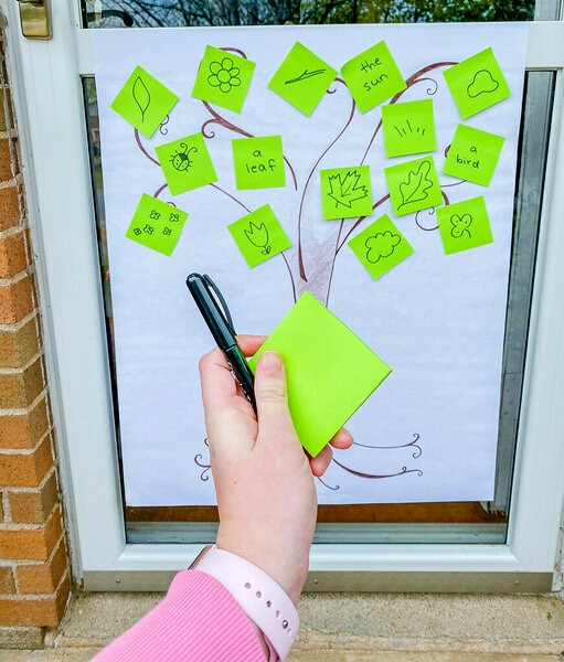 Post-it® Notes with words and pictures stick to an outline of a tree on a Post-it® Super Sticky Easel Pad paper.