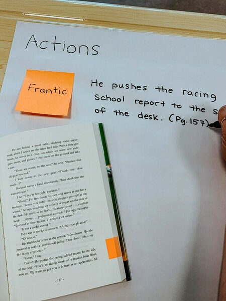 An open book and a Post-it® Super Sticky Note with an action on it, placed on a Post-it® Super Sticky Mini Easel Pad paper labelled 'Actions'. The paper also has a quote written on it.