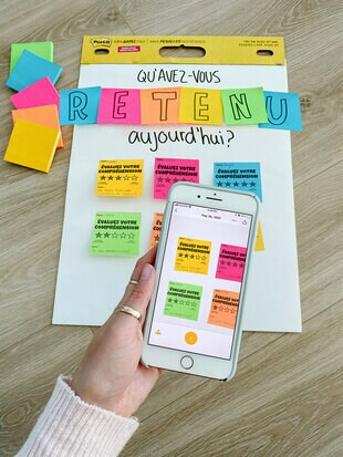 Un Mini tableau à feuilles super collantes Post-it® avec des Feuillets super collants Post-it® de différentes couleurs avec des questions écrites sur ceux-ci pour inciter les élèves à participer. Un téléphone intelligent utilisant l’Appli Post-it® prenant une photo du tableau à feuilles.