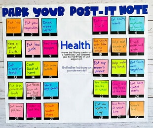 A Post-it® Super Sticky Easel Pad paper with Post-it® Super Sticky Notes with answers to the activity’s question attached. 