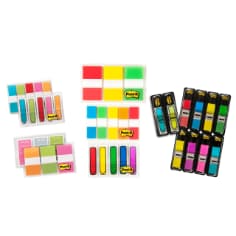Post-it® Flags product image is shown that shows the 3 different Flags packs that are in the kit, but out of a package. Quickly find information fast in binders, notebooks, planners and more.
