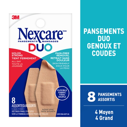 Pansements Duo Genoux et Coudes; 8 pansements assortis: 4 moyen, 4 grand