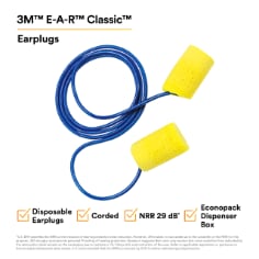 3M™ E-A-R™ Classic™ Earplugs 311-1081, Corded, Econopack Dispenser Box