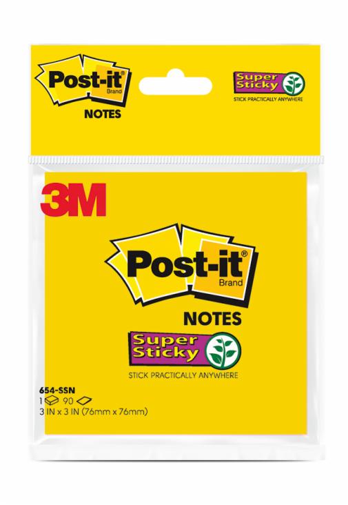 Post it® Notes 654-SSN, Neon Yellow, 3 in x 3 in, 90 Sheets, 48 Pads/Carton