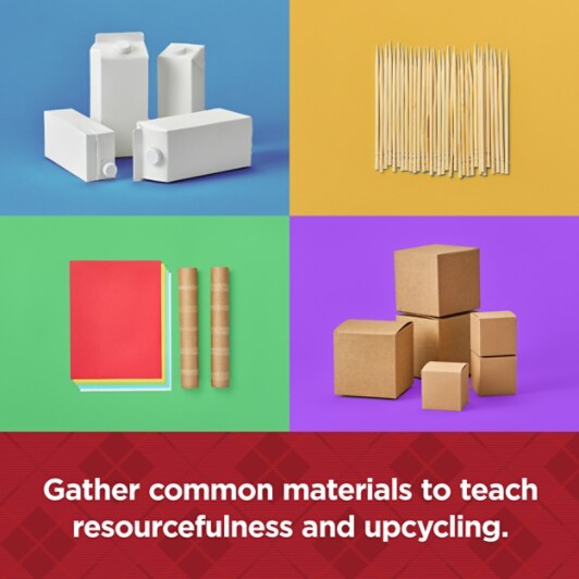 Scotch STEAM Kit image showing everyday household items you will need when creating the projects that are not included in the kit.  Items such as milk cartons, construction paper, small cardboard boxes, towel paper rolls, and thin wooden craft sticks.