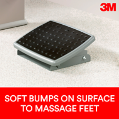 3M foot rest helps reduce strain and fatigue on legs, back and neck. It is height and tilt adjustable with easy, foot controlled, platform tilt adjustment. Contoured 18" wide platform with soft bumps helps massage and soothe feet. Sturdy heavy duty steel base stays in place.