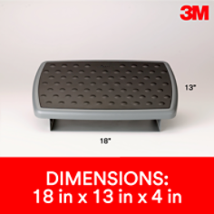 3M foot rest helps reduce strain and fatigue on legs, back and neck. It is height and tilt adjustable with easy, foot controlled, platform tilt adjustment. Contoured 18" wide platform with soft bumps helps massage and soothe feet. Sturdy heavy duty steel base stays in place.
