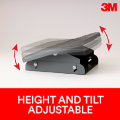 3M foot rest helps reduce strain and fatigue on legs, back and neck. It is height and tilt adjustable with easy, foot controlled, platform tilt adjustment. Extra Wide 22" Platform with Safety Walk™ Slip Resistant Surface Provides Ample Room for Both Feet. Sturdy heavy duty steel base stays in place.