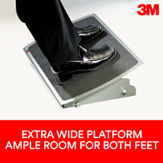 3M foot rest helps reduce strain and fatigue on legs, back and neck. It is height and tilt adjustable with easy, foot controlled, platform tilt adjustment. Extra Wide 22" Platform with Safety Walk™ Slip Resistant Surface Provides Ample Room for Both Feet. Sturdy heavy duty steel base stays in place.