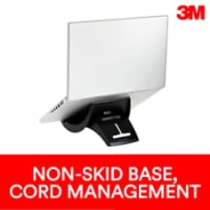 Position your notebook or tablet screen at an ergonomically correct height while taking up less desk space than the LX500. Riser has 3 in of vertical adjustability. Cable management feature keeps cords organized. Non skid base.