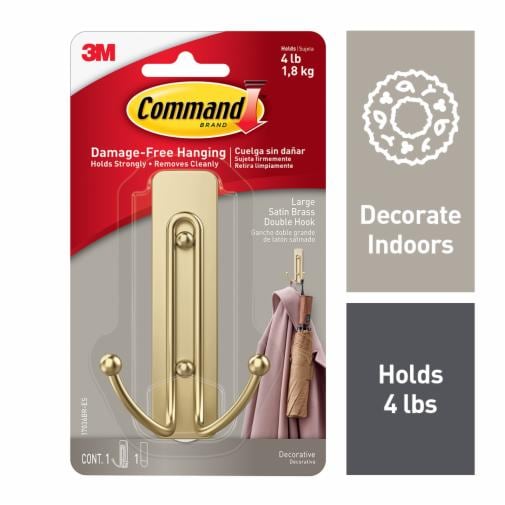Command™ Large  Satin Brass Double Hook