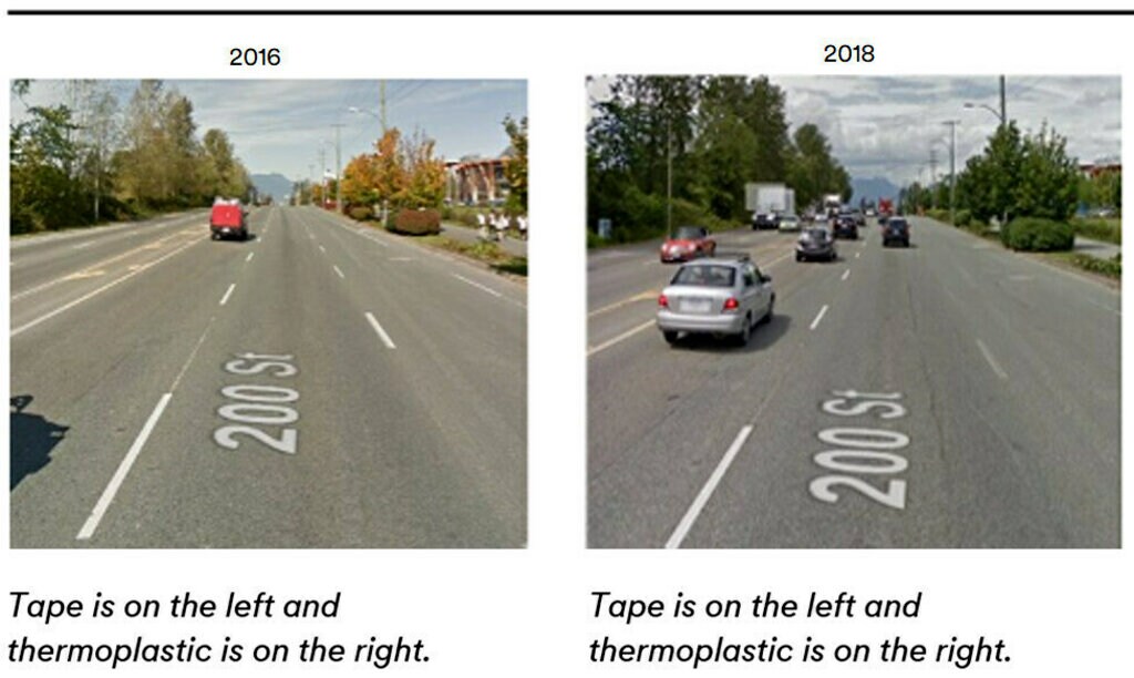 Side-by-side comparison of reflective road tape and 3M thermo tape