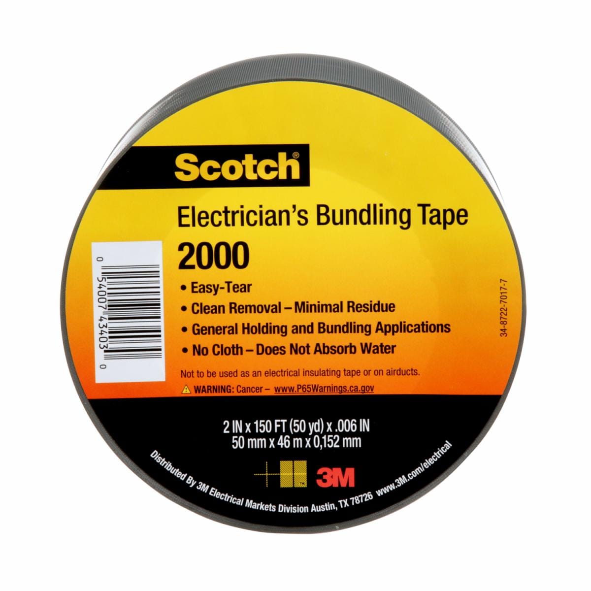 Scotch® Electricians Duct Tape 2000, 2 in x 50 yds, 12 Roll Display