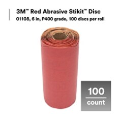 3M™ Red Abrasive Stikit™ Disc, 01108, 6 in, P400 grade, 100 discs per roll