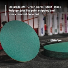 36 grade 3M™ Green Corps™ Stikit™ Discs help get jobs like paint stripping and stock removal done fast