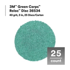 3M™ Green Corps™ Roloc™ Disc 36534, 40 grit, 3 in, 25 Discs/Carton